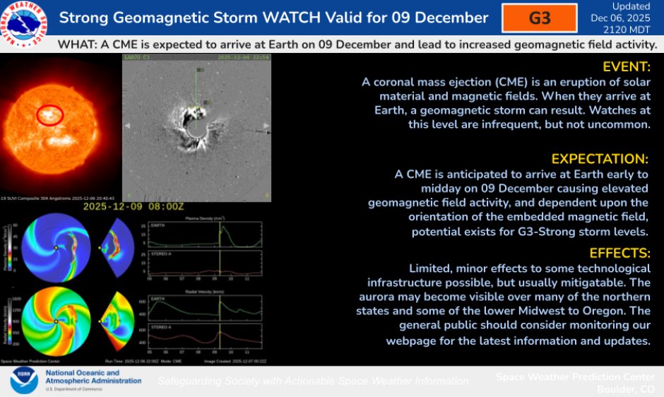 Alerte : forte tempête solaire prévue le 9 décembre, une éjection de masse coronale ciblant la Terre 3 Le bulletin d'alerte de la NOAA. Crédit : SWPC/NOAA