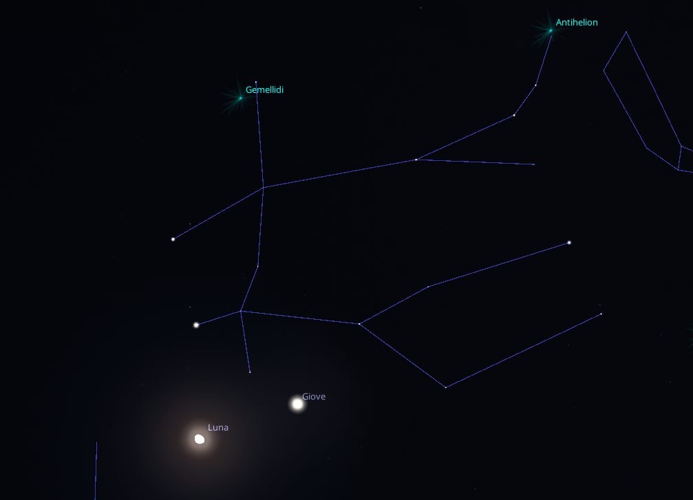 Ce soir, le 7 décembre, admirez l'incroyable rendez-vous entre la Lune et Jupiter : à quelle heure les observer ? 3 La Lune et Jupiter avec les étoiles Castor et Pollux de la constellation des Gémeaux. Crédit : Stellarium
