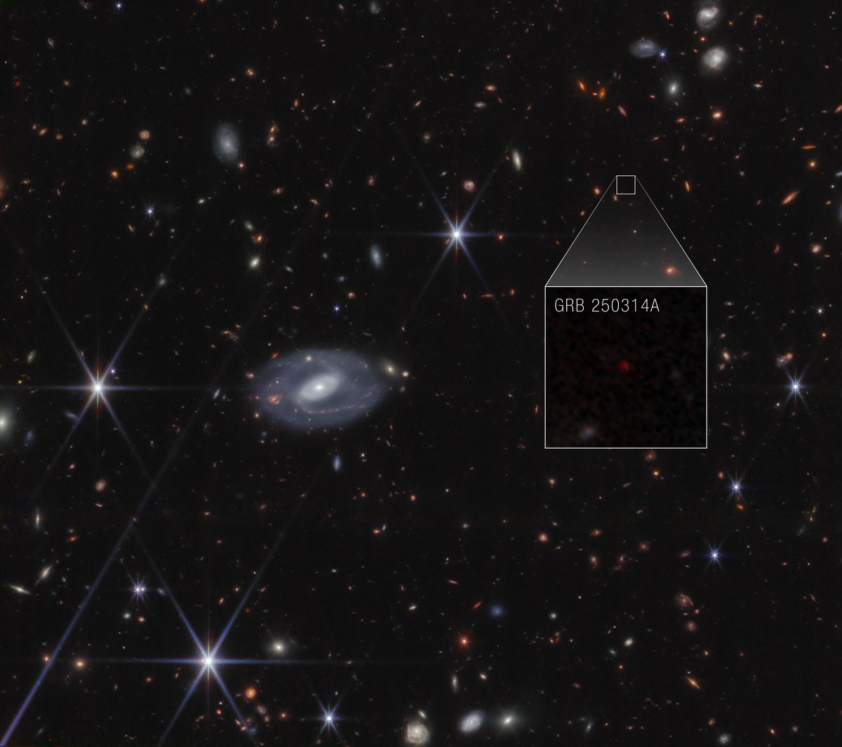 Le télescope James Webb dévoile la supernova la plus ancienne jamais observée, datant de 730 millions d'années après le Big Bang 3 Le télescope spatial James Webb de la NASA a identifié l'origine d'un éclair de lumière super lumineux, connu sous le nom de GRB 250314A : une supernova explosée lorsque l'univers avait seulement 730 millions d'années / Crédit : NASA/ESA/CSA/STScI