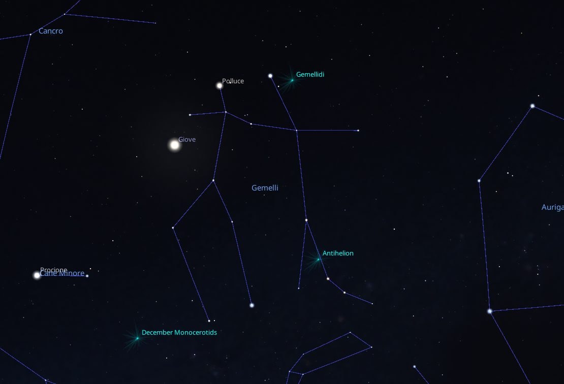 La constellation des Gémeaux avec le radiante des Geminidi (en vert) dans la nuit du 13 au 14 décembre 2025. Crédit : Stellarium