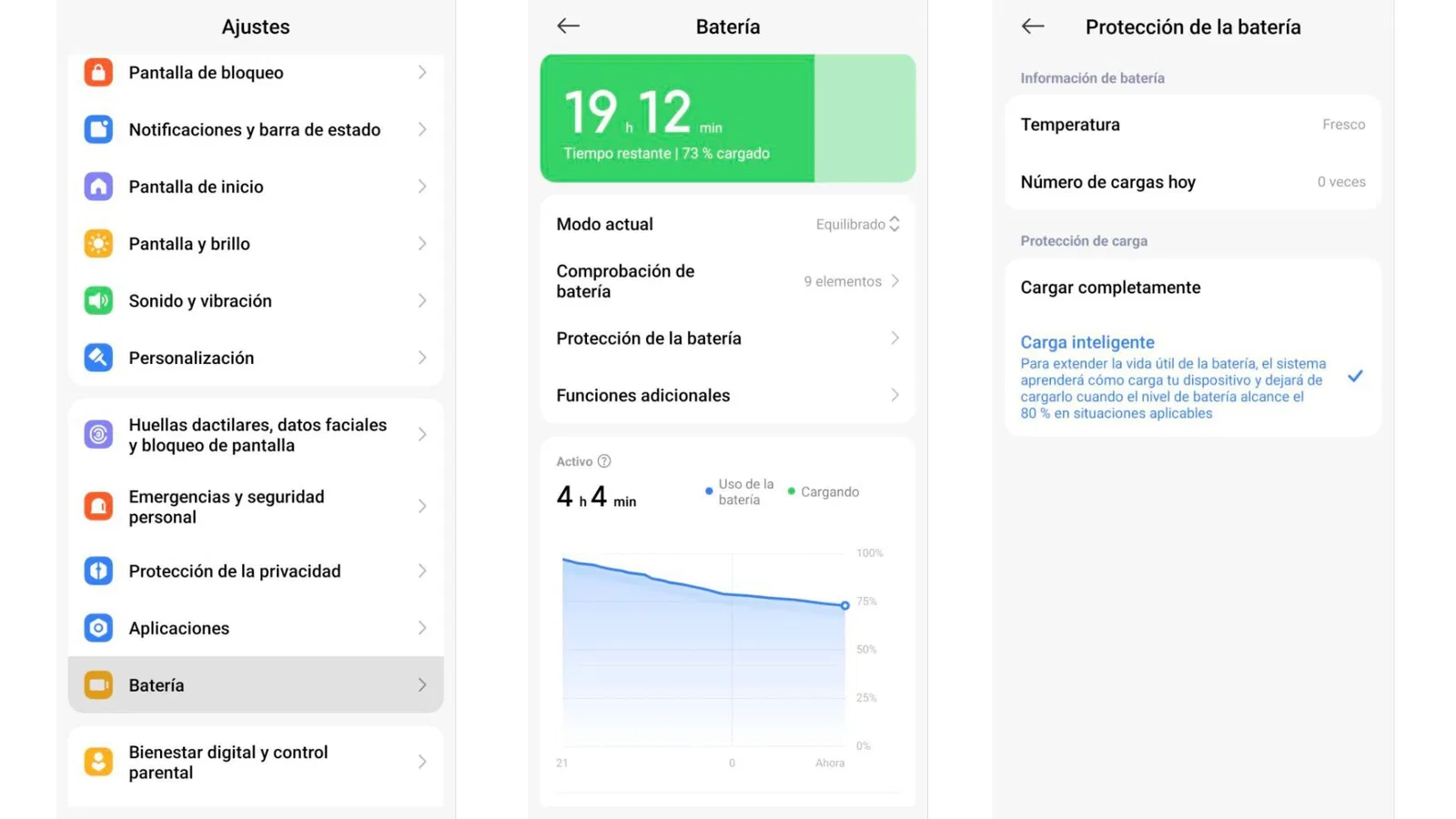 Trois captures d'écran montrant le chemin pour vérifier l'état de la batterie sur Android