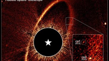 Collision d'astéroïdes observée autour de Fomalhaut : Hubble dévoile la formation des planètes en temps réel 5 Image composite du télescope spatial Hubble NASA/ESA montrant l'anneau de débris et les nuages de poussière cs1 et cs2 autour de l'étoile Fomalhaut / Crédit : NASA, ESA, P. Kalas (UC Berkeley), J. DePasquale (STScI)
