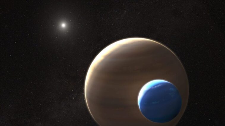 Découverte de la première exolune : une lune au-delà de notre système solaire, révélations d'une étoile déchue 1 Illustration d'une possible exolune autour de l’exoplanète Kepler–1625b. Crédit : NASA, ESA, et L. Hustak (STScI)