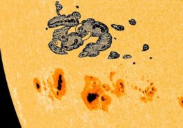 La macchia solare dell’Evento di Carrington applicata su un’immagine odierna del Sole, dove è presente l’enorme struttura AR 4294 – AR 4296. Credit: NASA/SDO/spaceweather.com