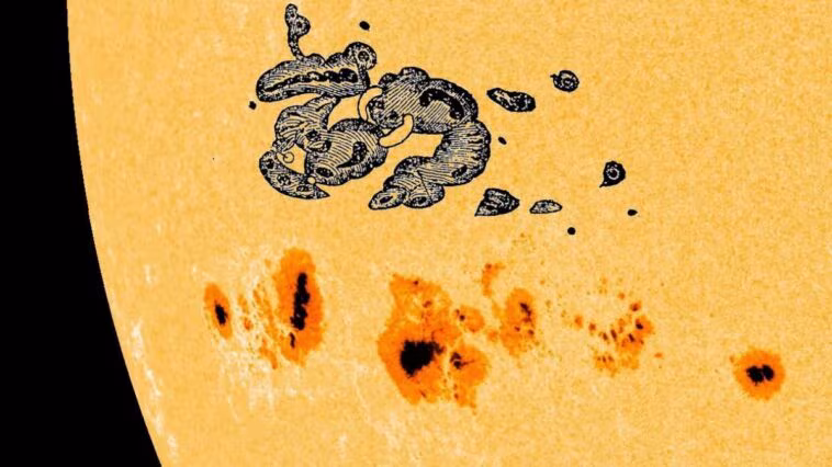 La tache solaire de l'Événement de Carrington face à la menace actuelle sur le Soleil : « Des proportions comparables » 1 La macchia solare dell’Evento di Carrington applicata su un’immagine odierna del Sole, dove è presente l’enorme struttura AR 4294 – AR 4296. Credit: NASA/SDO/spaceweather.com