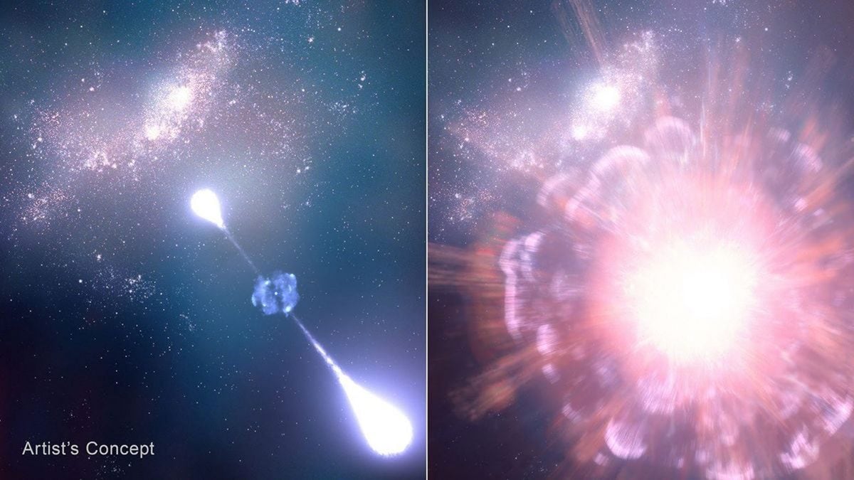 Le télescope James Webb dévoile la supernova la plus ancienne jamais observée, datant de 730 millions d'années après le Big Bang 2 Illustration de la supernova alors qu'elle explosait et trois mois après, lorsque le télescope James Webb l'a observée : l'observatoire spatial a confirmé que l'événement astronomique remonte à lorsque l'univers avait seulement 730 millions d'années / Crédit : NASA Hustak
