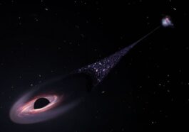 Représentation du trou noir supermassif RBH–1 projeté dans l'espace profond. Crédit : NASA, ESA, Leah Hustak/STScI