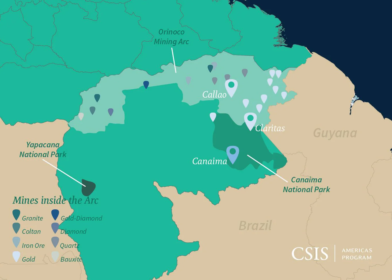 Carte du Center for Strategic and International Studies (CSIS) montrant les activités minières illégales dans la région de l'Orénoque. | Crédits : CSIS