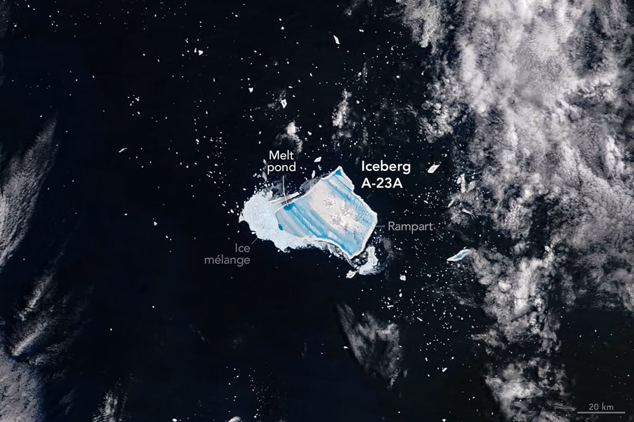 L’iceberg A23a pris par le satellite Terra au début de janvier 2026. Crédit : NASA
