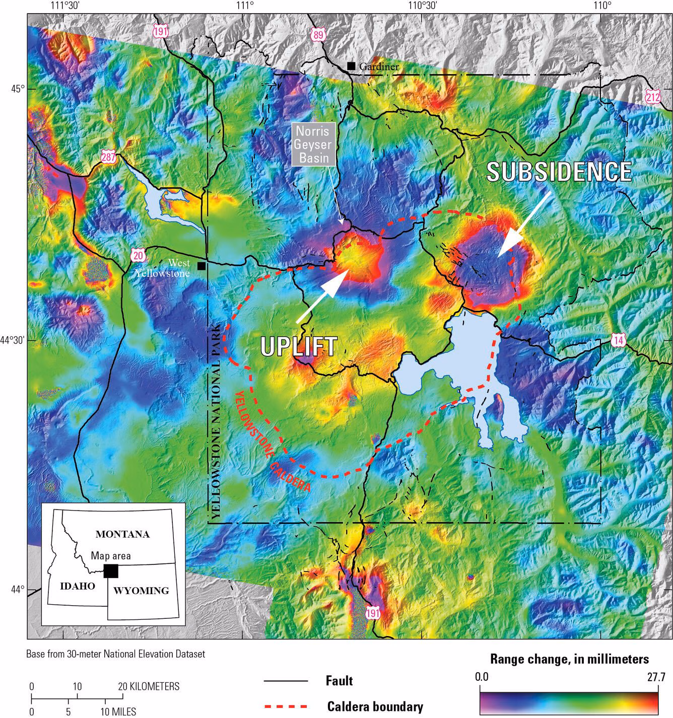 La zone du soulèvement dans le Yellowstone. Crédit : USGS