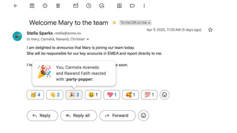 Gmail s'inspire de WhatsApp et permet désormais les réactions par emojis pour tous 1 Fini de répondre par un "OK" ou un "Merci" : Gmail copie WhatsApp et active les réactions avec des emojis pour tous