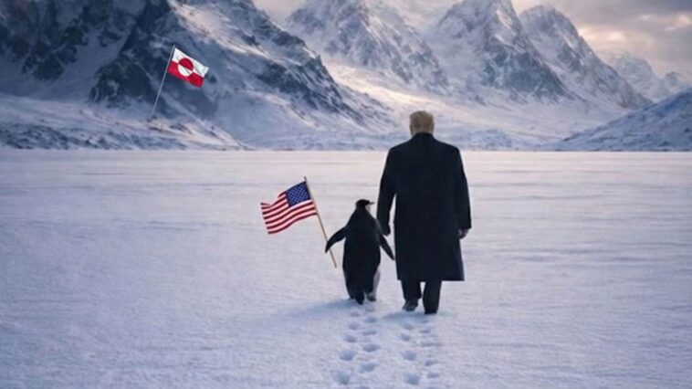 Le pingouin nihiliste, d'un mème viral sur TikTok au post de Trump en Groenland: mais il y a une erreur 1 L’image générée par l'intelligence artificielle, publiée par le compte officiel de la Maison Blanche sur les réseaux sociaux, montrant Donald Trump à côté d'un pinguin en Groenlandia / Crédit : @TheWhiteHouse