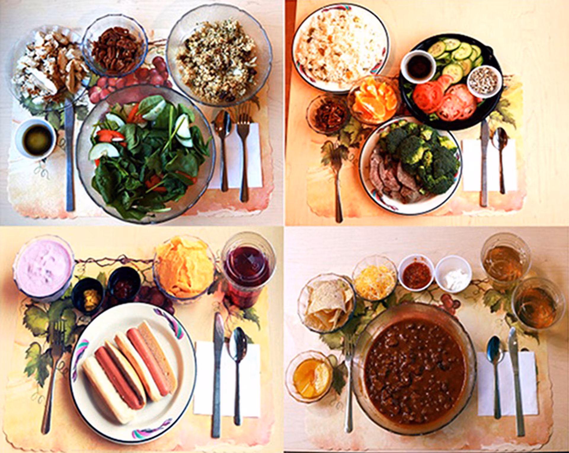 Les choix alimentaires prévus par l'étude : en haut, les repas avec des aliments non transformés ; en bas, ceux avec des aliments ultra-transformés. Les participants ont suivi ces régimes pendant deux semaines, en pouvant manger librement.