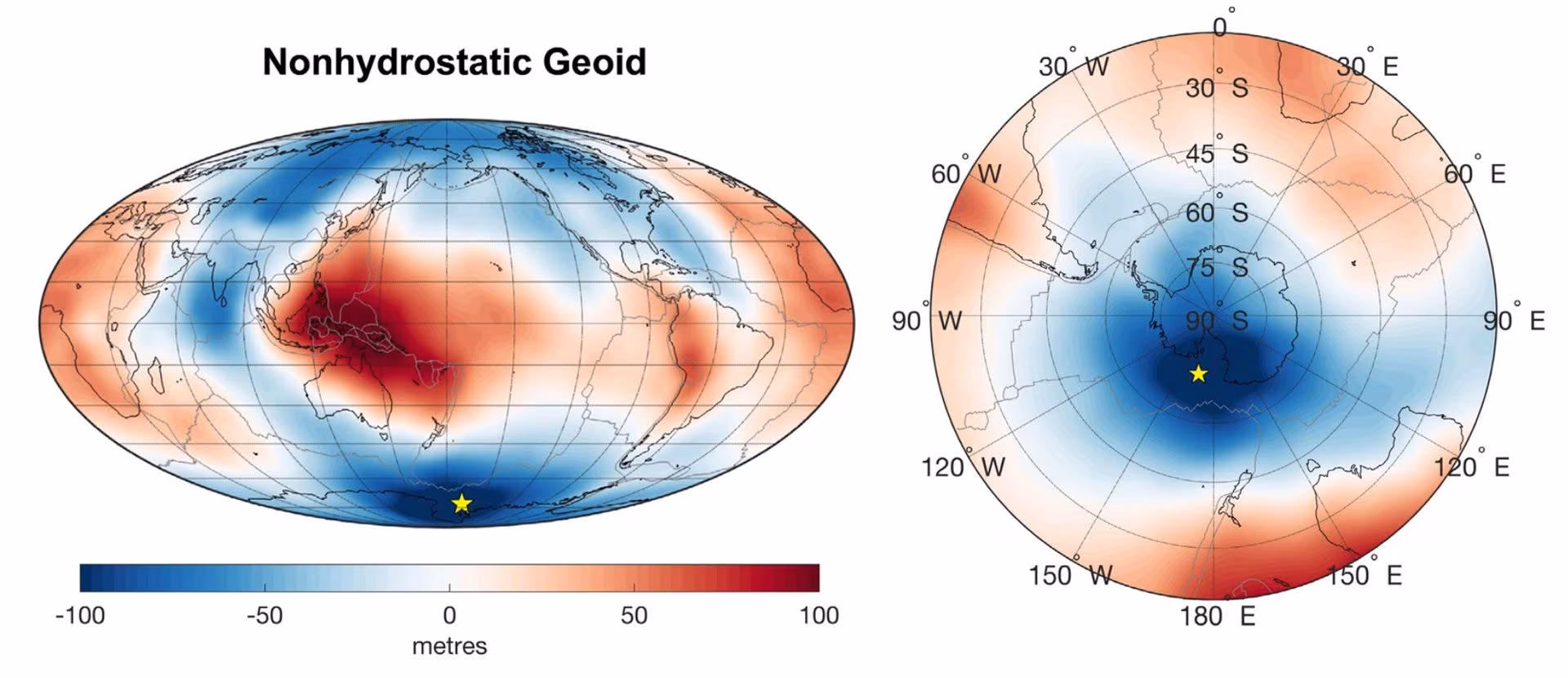 En Antarctique, un "vide gravitationnel" se développe discrètement : nous avons enfin compris pourquoi 3 Anomalies du géoïde non hydrostatiques : en haut la distribution mondiale ; en bas le détail sur l'Antarctique et les zones environnantes, où se trouve la dépression la plus profonde, dans le secteur de la Baie de Ross. / Crédit: Scientific Reports 2025