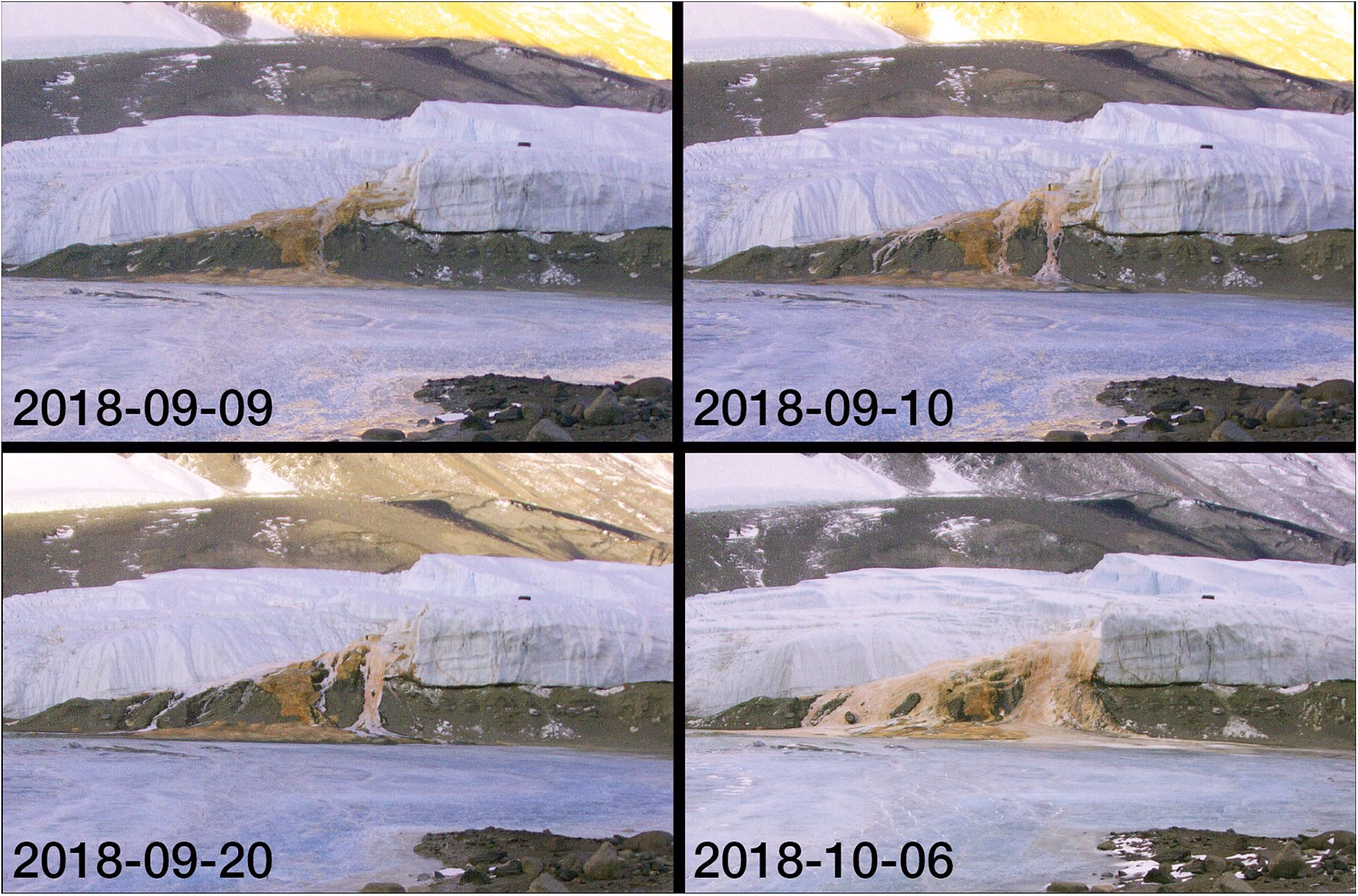 Découvrez le mystère fascinant des Cascades de Sang et leur incroyable formation en Antarctique 4 Les épisodes d'écoulement enregistrés en 2018 sur le glacier Taylor. Crédit: Antarctic Science