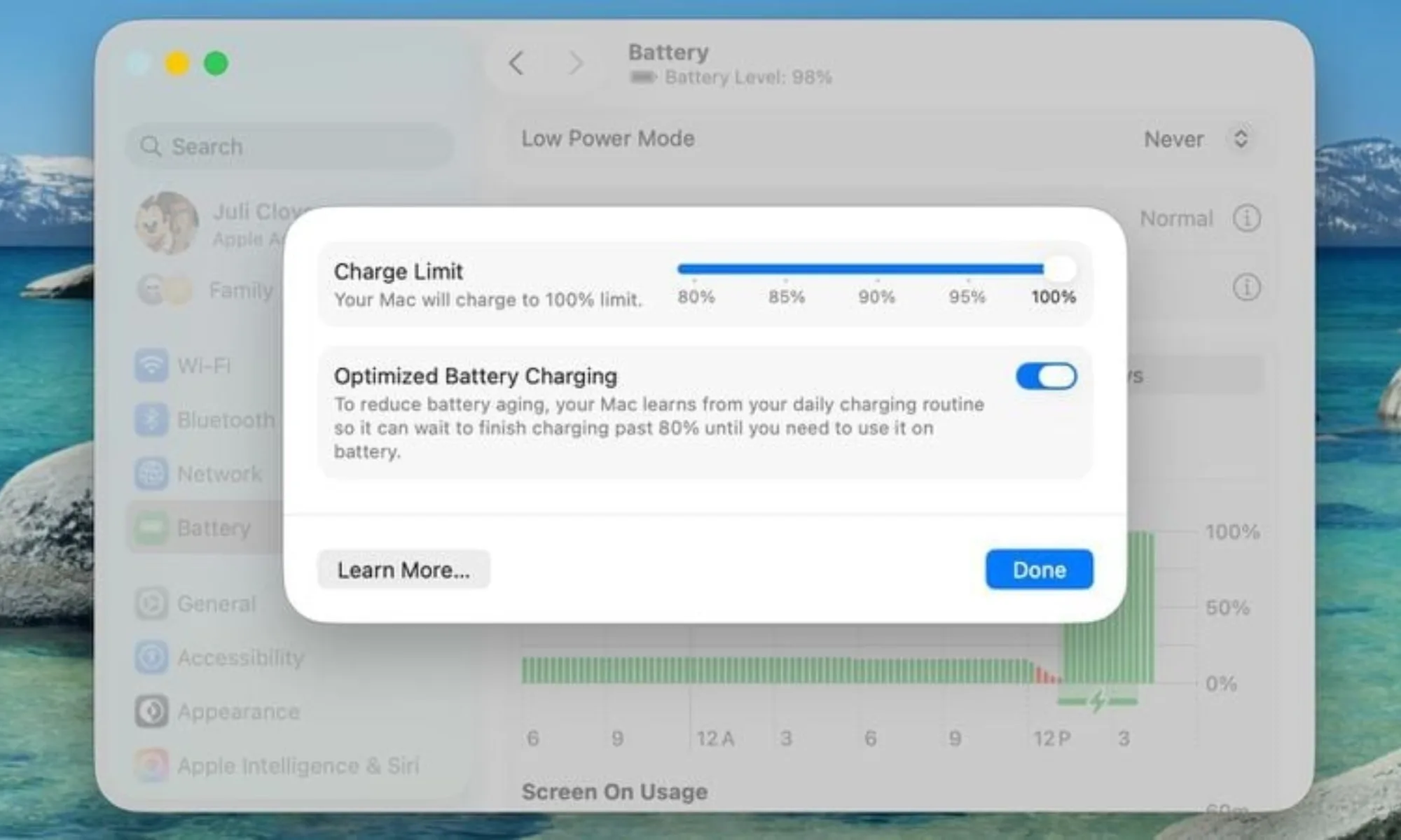 Vous pourrez bientôt limiter la charge de votre MacBook à 80 % pour préserver la santé de la batterie 2 Capture d'écran de la Limite de Charge du MacBook.