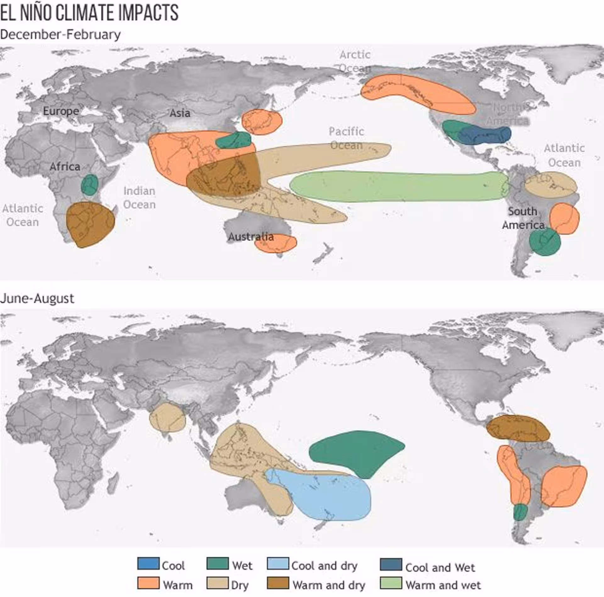 El Niño de retour en 2026 ? Les nouvelles prévisions de la NOAA sur ce phénomène pouvant entraîner chaleur et pluies extrêmes 3 Carte des principaux impacts climatiques associés à El Niño dans le monde selon les différentes saisons. Crédits : NOAA Climate.gov.