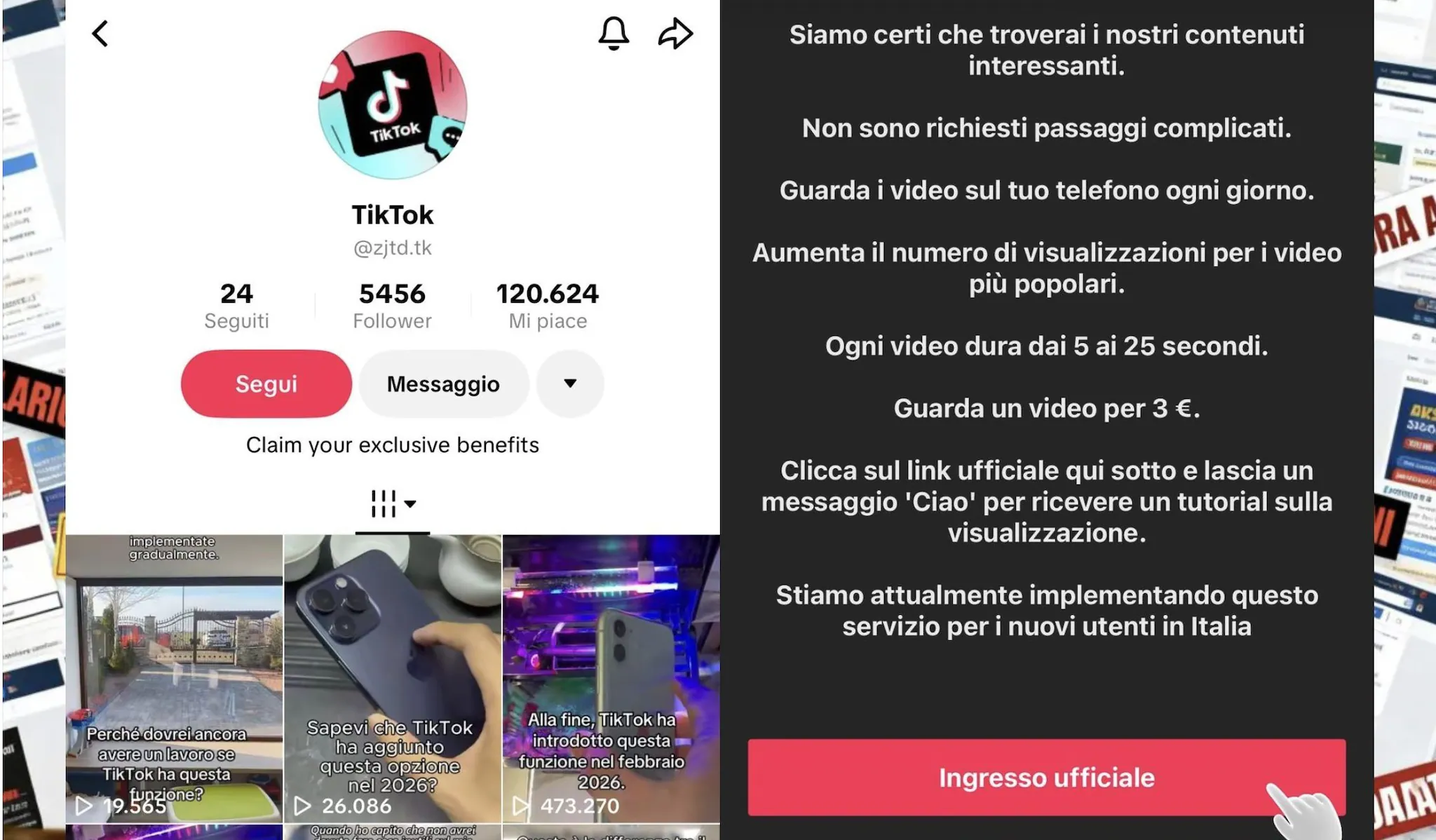 On m'a proposé de gagner de l'argent en regardant des vidéos sur les réseaux sociaux : 10 euros par clip, j'ai sauté sur l'occasion ! 3 FANPAGE.IT | Les informations qui apparaissent depuis le compte TikTok ayant proposé la vidéo
