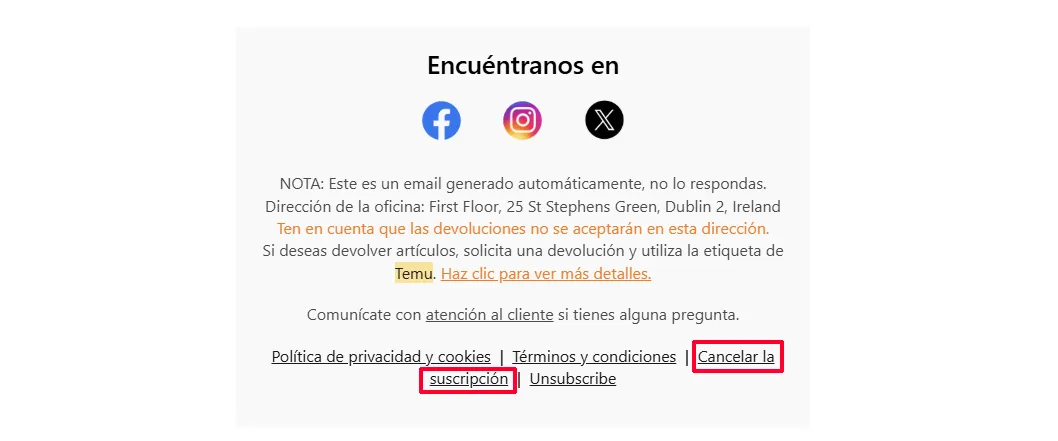 Comment désactiver les notifications et le spam de Temu sur votre mobile 4 Cancelar la suscripción en Temu.