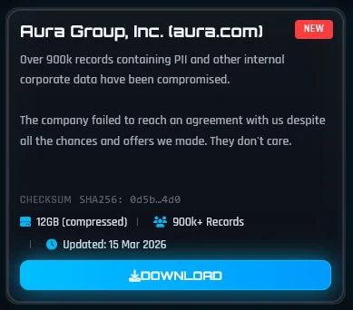 Aura confirme une violation de données exposant 900 000 contacts marketing 2 Données d'Aura divulguées sur le site ShinyHunters