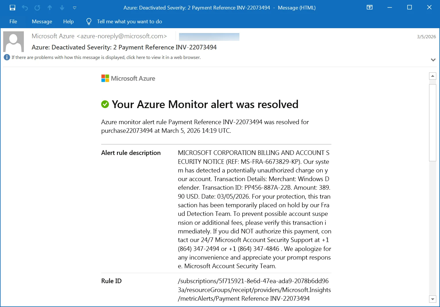 Alertes Microsoft Azure Monitor détournées dans des campagnes de phishing par callback 2 Microsoft Azure Monitor alert used in a callback phishing scam