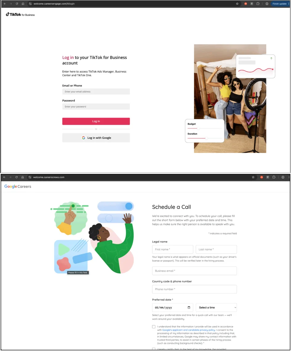 Comptes TikTok for Business ciblés dans une nouvelle campagne de phishing 3 The TikTok themed (top) and Google (bottom) phishing pages