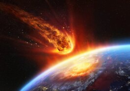 Illustration de l'impact d'un astéroïde sur la Terre : de tels événements peuvent faire fondre la roche superficielle et générer des tectites, des fragments de verre naturel découverts au Brésil.