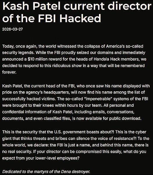 Le FBI confirme le piratage de la boîte mail personnelle du directeur Patel 2 Handala hackers announcing FBI Director Patel's inbox hack