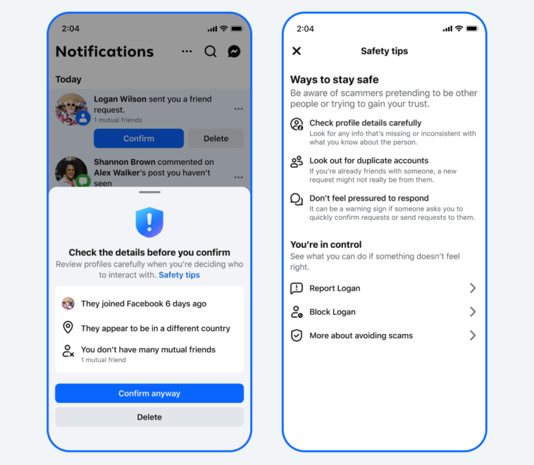 Meta met en place des solutions innovantes pour repérer les arnaques sur WhatsApp, Facebook et Messenger 1 Aperçu du nouvel avertissement de Meta sur Facebook pour des demandes d'amitié suspectes - META