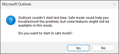 Microsoft corrige les crashs d'Outlook Classic causés par le module complémentaire Teams Meeting 2 Outlook safe mode prompt