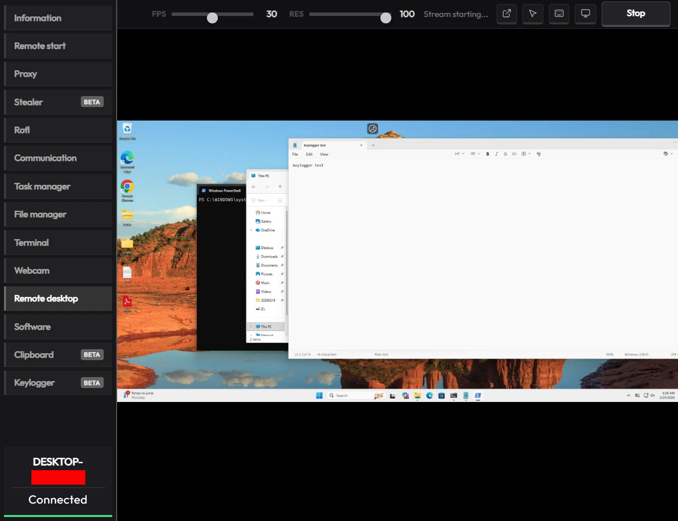 Le nouveau malware CrystalRAT ajoute des fonctionnalités de RAT, de vol de données et de blague 3 Remote desktop function in CrystalX RAT panel
