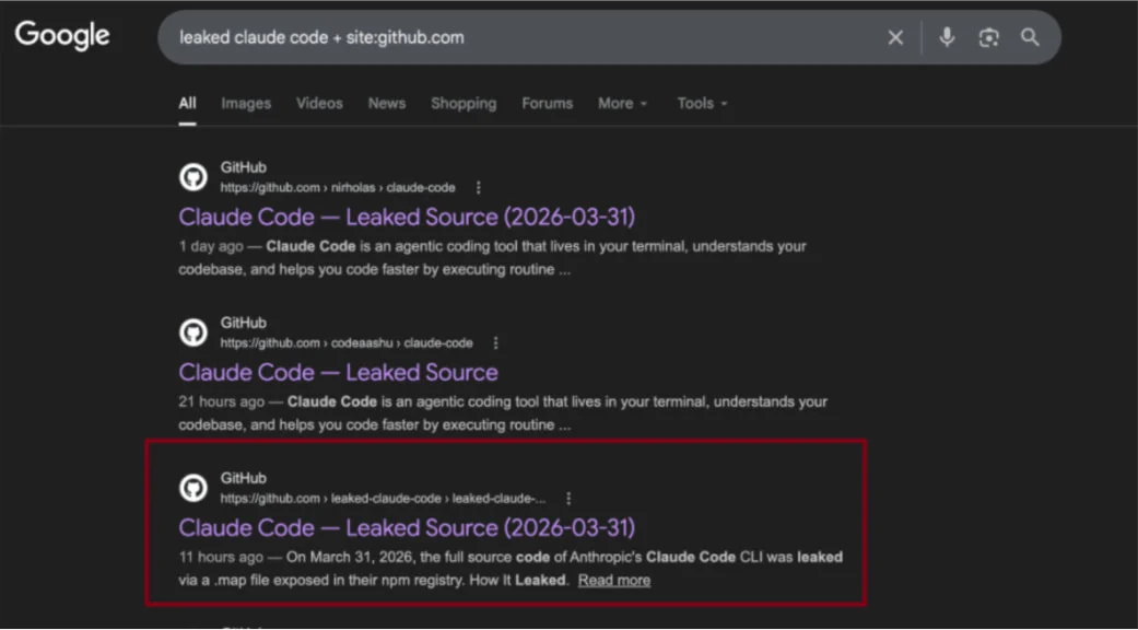 Fuite de code de Claude utilisée pour diffuser un malware infostealer sur GitHub 3 Search result pulling users to the malicious GitHub repo