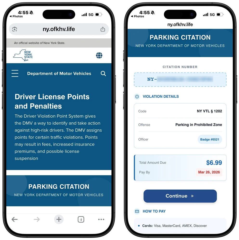 Les arnaques aux infractions de circulation passent aux codes QR dans de nouveaux textos de phishing 3 Fake NY Department of Motor Vehicles phishing site