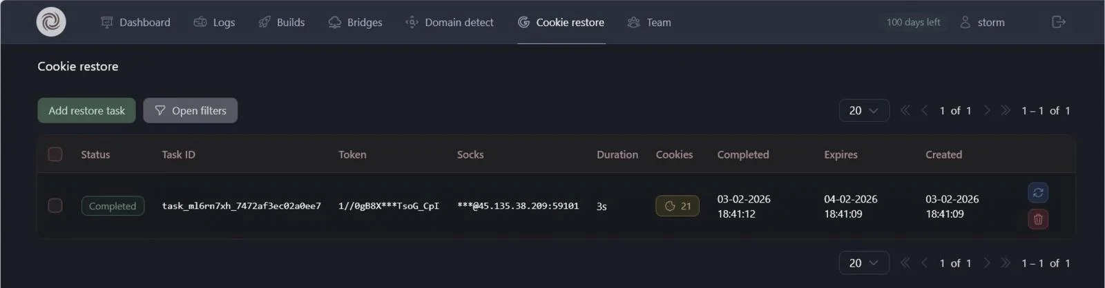 Cookie restore panel with a completed session hijack