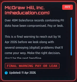 McGraw-Hill confirme une violation de données suite à une menace d'extorsion 2 McGraw Hill entry on ShinyHunters' extortion portal