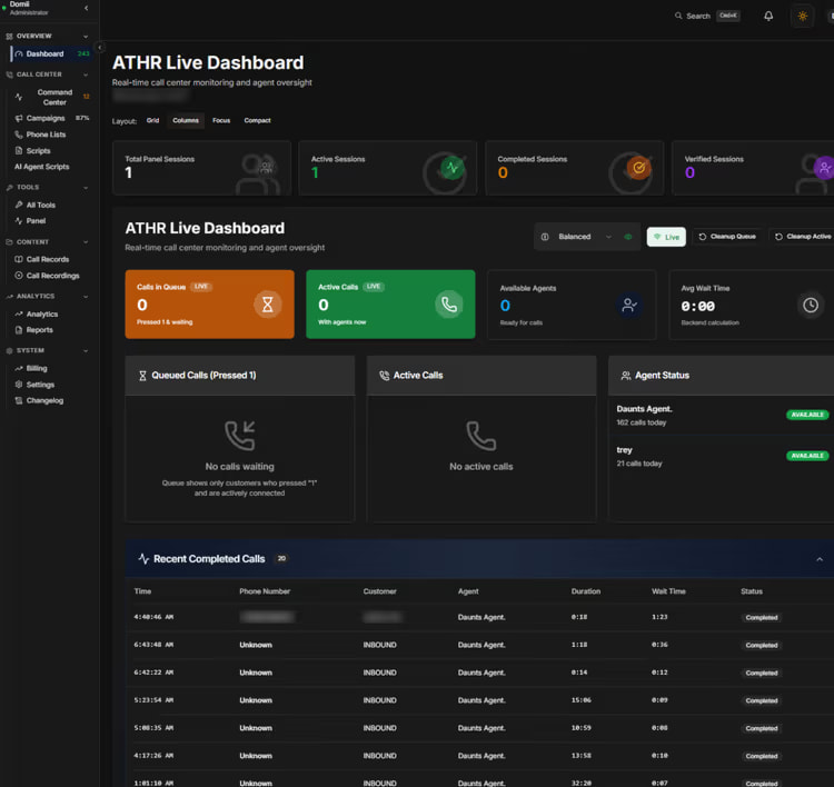 Nouvelle plateforme vishing ATHR utilise des agents vocaux IA pour des attaques automatisées 3 ATHR main dashboard