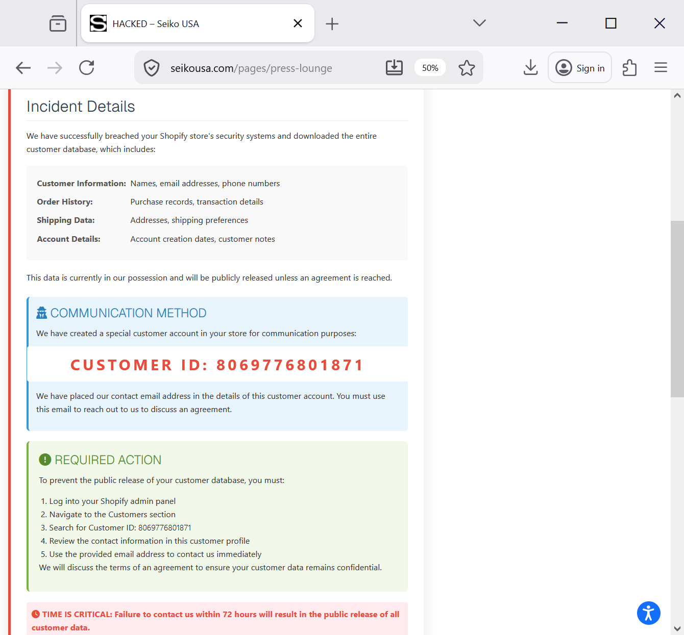 Site web de Seiko USA piraté alors qu'un hacker revendique le vol de données clients 2 Seiko website defaced to show extortion message