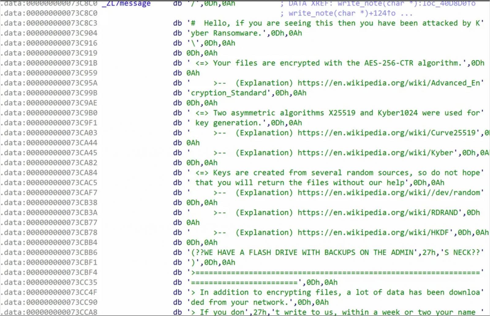 Le gang de ransomware Kyber joue avec le chiffrement post-quantique sur Windows 3 Ransom note embedded in the ELF binary
