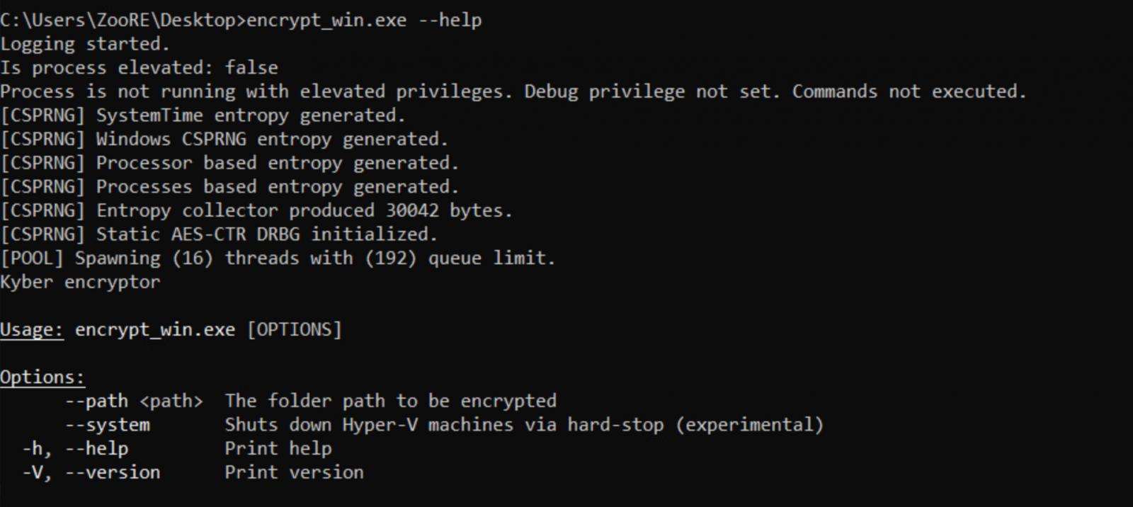 Le gang de ransomware Kyber joue avec le chiffrement post-quantique sur Windows 4 Kyber for Windows CLI