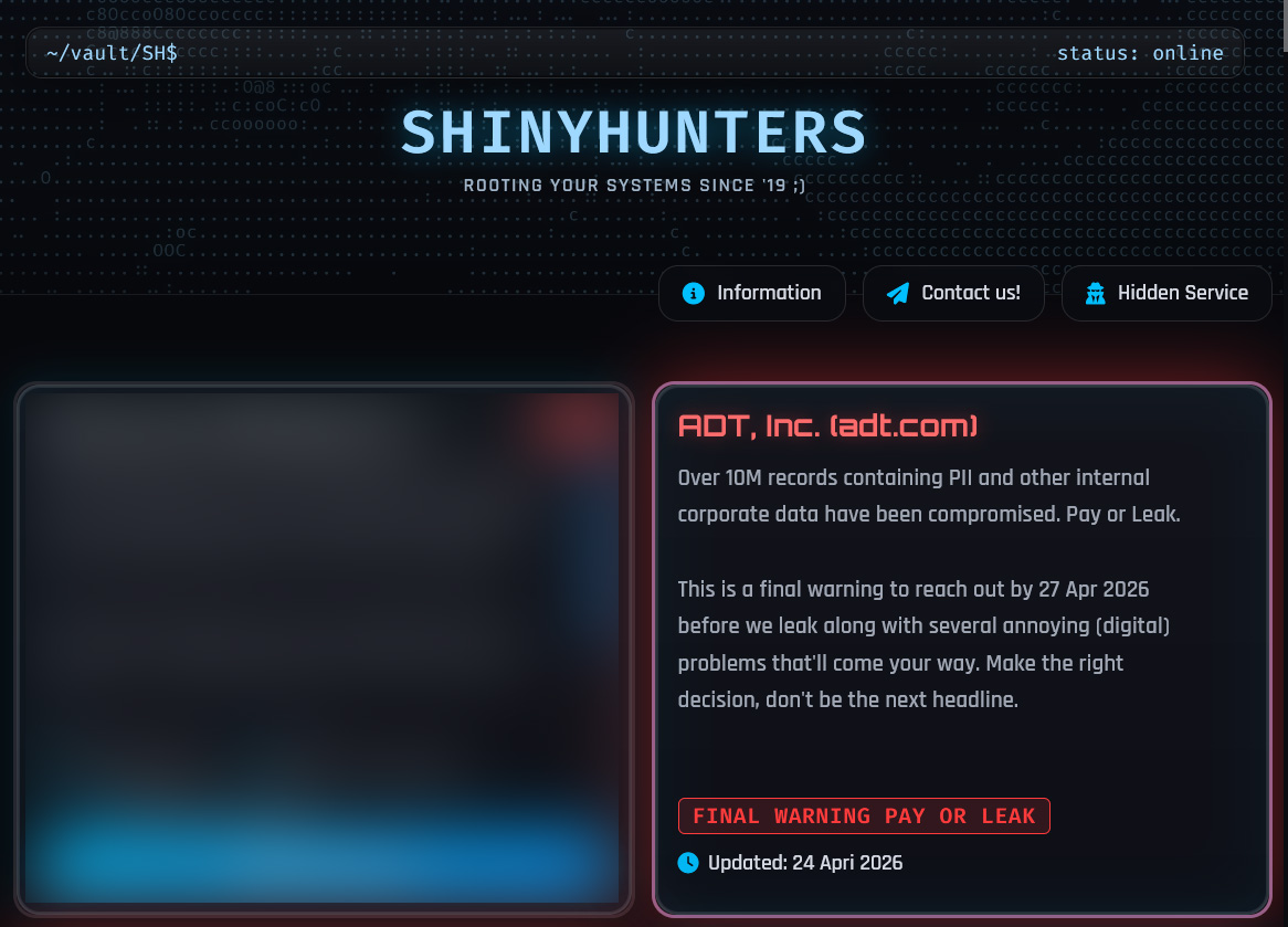 ADT confirme une violation de données après la menace de fuite de ShinyHunters 2 ADT listing on the ShinyHunters data leak site