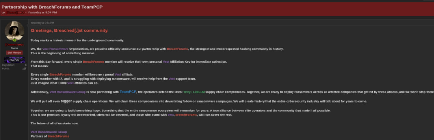 Le ransomware VECT 2.0 altéré agit comme un effaceur de données pour les gros fichiers 2 VECT operators' post on BreachForums
