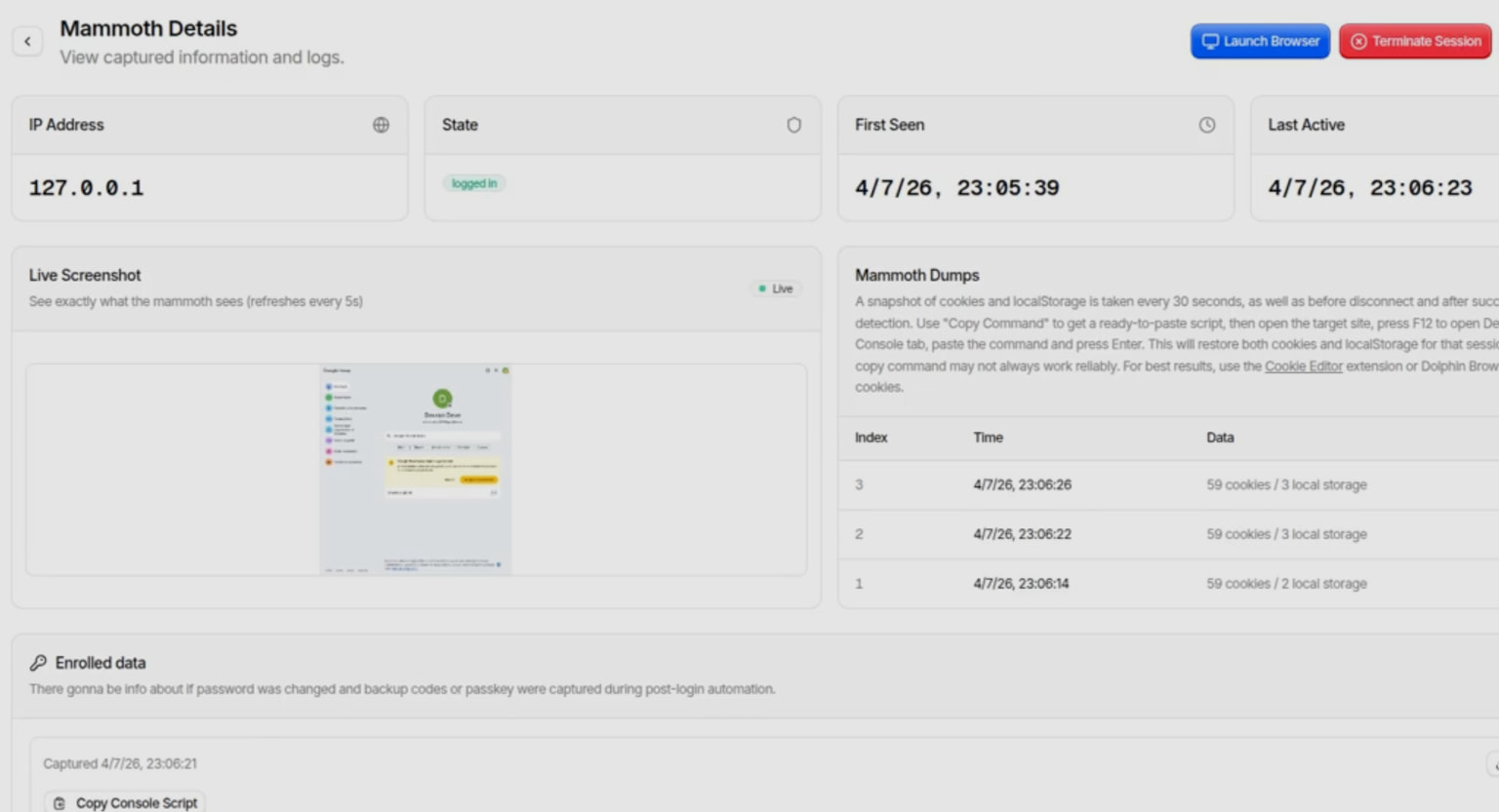 Nouveau service de phishing Bluekit inclut un assistant IA, 40 modèles 5 Monitoring post-capture activity from within the dashboard