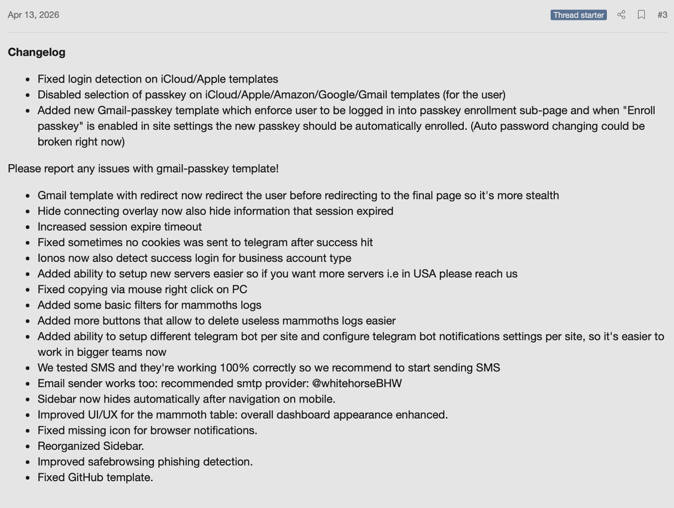 Nouveau service de phishing Bluekit inclut un assistant IA, 40 modèles 6 Recent Bluekit release notes