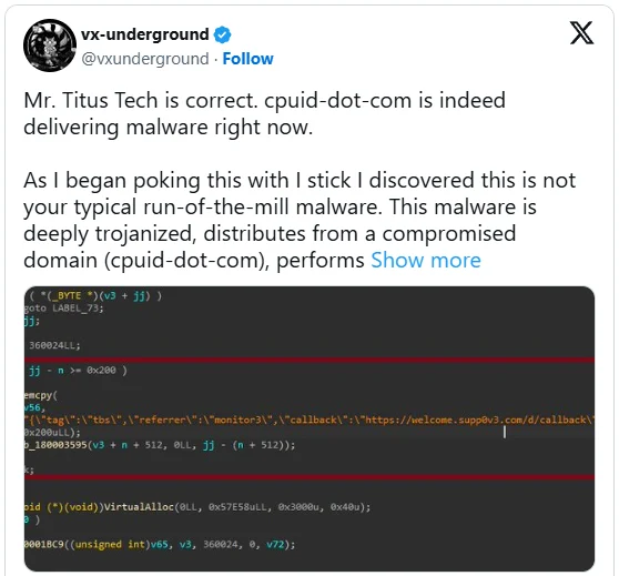 Attaque de la chaîne d'approvisionnement chez CPUID injecte un malware avec CPU-Z/HWMonitor 2 Tweet