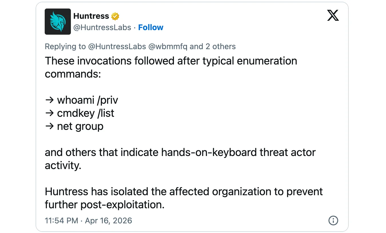 Des zéro-days récemment divulgués sur Windows exploités dans des attaques 2 Huntress Labs tweet