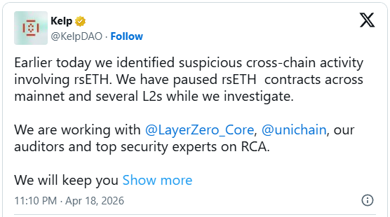 KelpDAO subit un vol de 290 millions de dollars lié aux hackers de Lazarus 2 Tweete