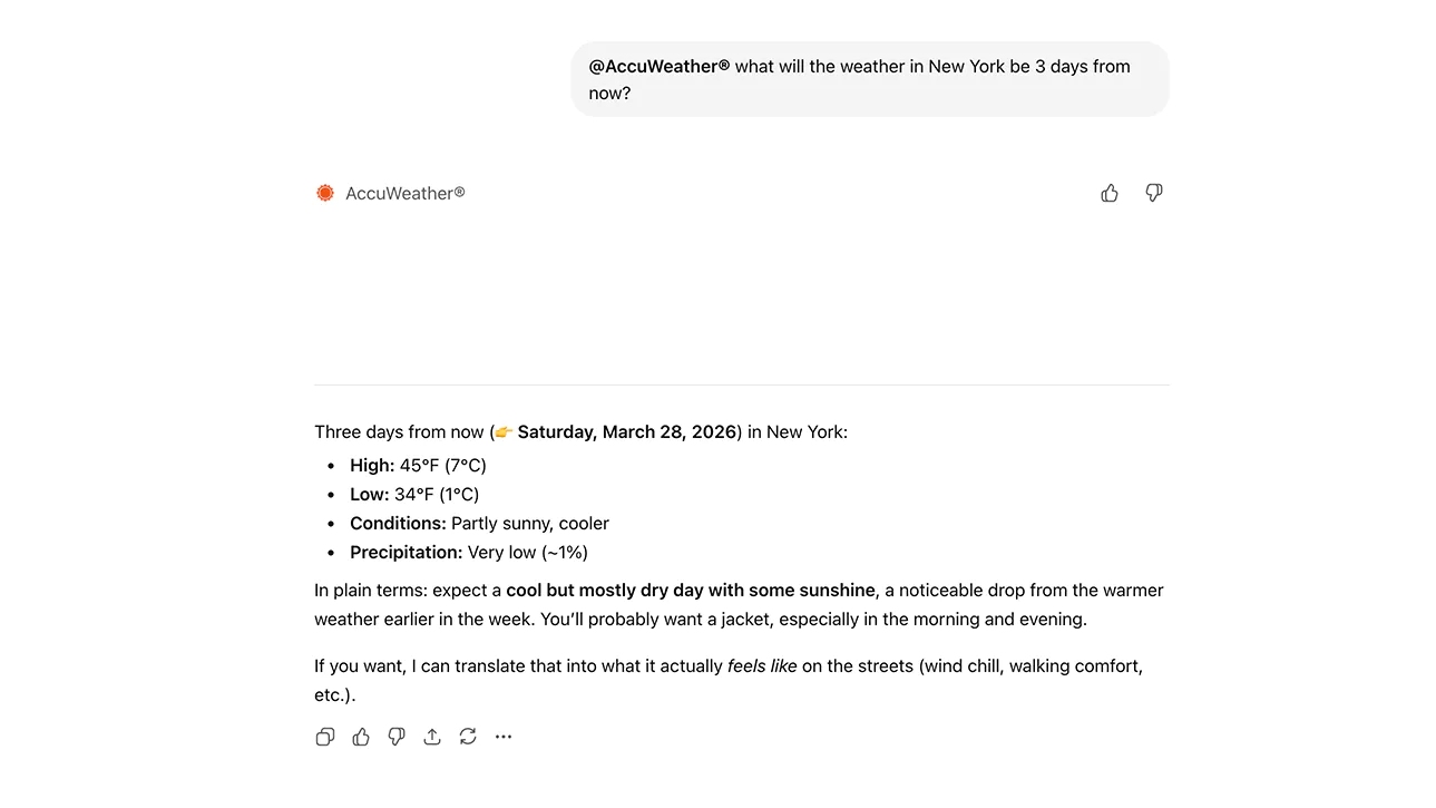 La fonction qui manquait à ChatGPT pour planifier les voyages est enfin là 2 Así funciona la integración de AccuWeather con ChatGPT